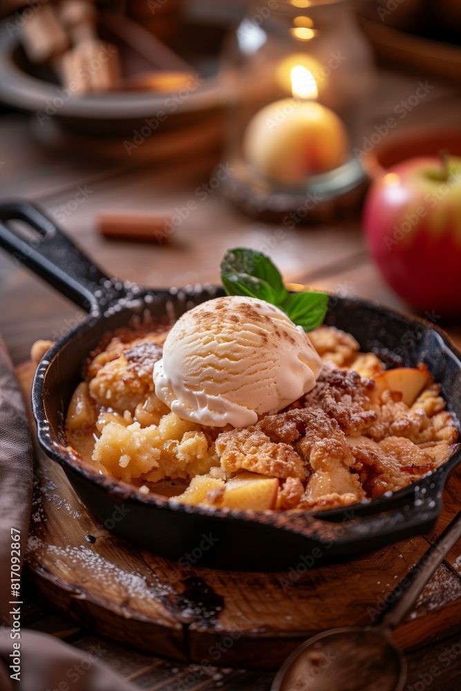 freshly baked apple cobbler served in a rustic cast iron skillet, topped with a generous scoop of vanilla ice cream that's beginning to melt freshly baked apple cobbler served in a rustic cast iron skillet, topped with a generous scoop of vanilla ice cream that's beginning to melt