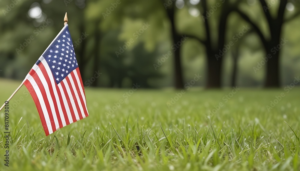 A small American flag planted in a grassy field with blurred foliage in the background