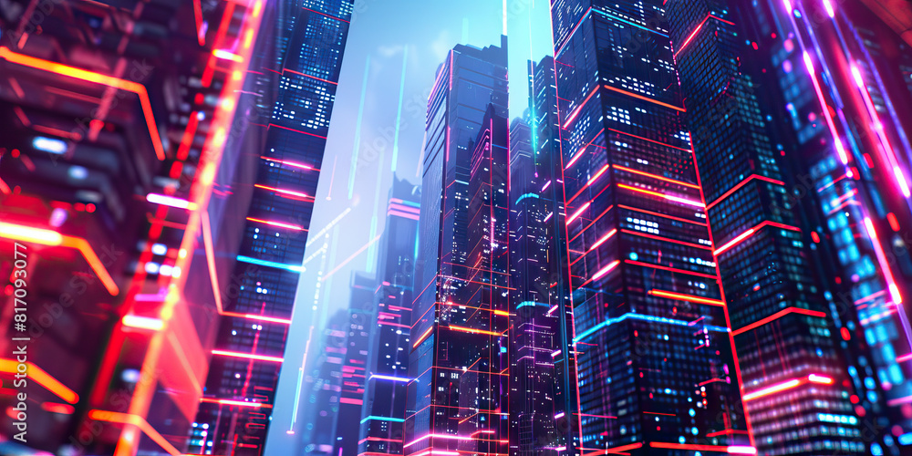 Obraz premium Neon Dreams and Digital Dusk: A Cyberpunk Metropolis Aglow