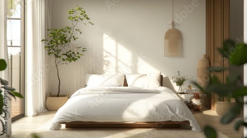 Interior of a minimalist bedroom with a platform bed, simple bedding, and minimal decor for a serene atmosphere.