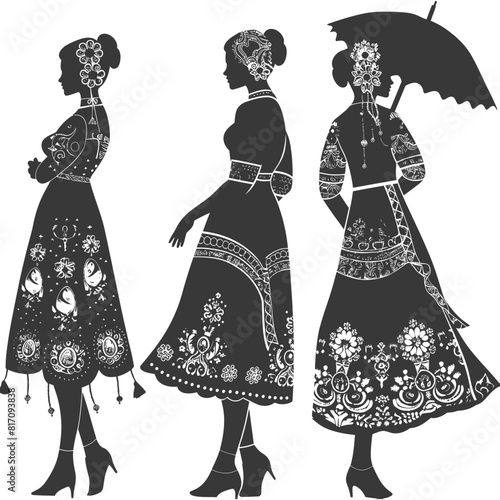 silhouette independent russian women wearing sarafan with umbrella black color only