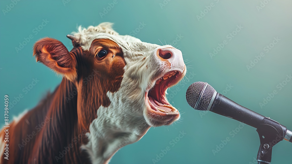 Singing cow wearing a microphone on a blue background Stock ...