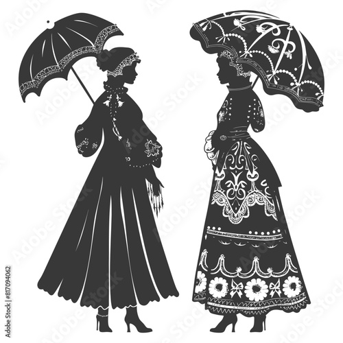 silhouette independent russian women wearing sarafan with umbrella black color only