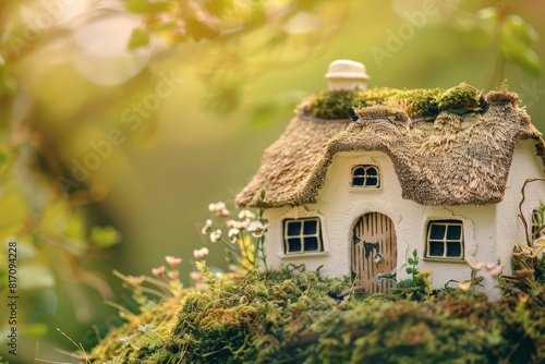 Close up of a cottage replica, its thatched roof and tiny windows set against a blurred, lush countryside, sparking rural dreams, sharpen with copy space