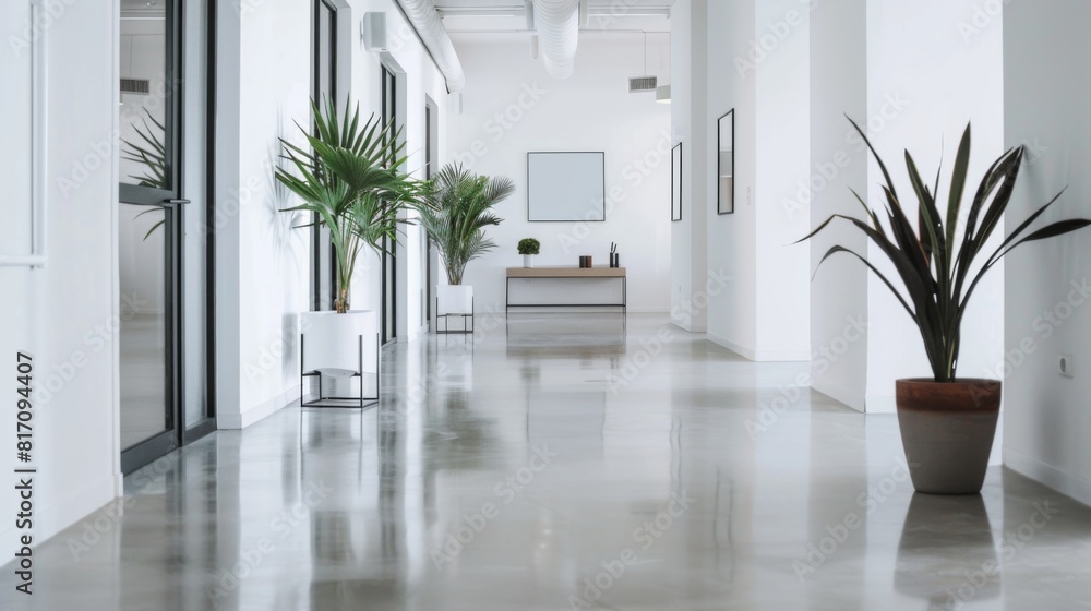 Interior of a minimalist-style hallway with white walls, polished concrete floors, and minimal decor. Interior of a minimalist-style hallway with white walls, polished concrete floors, and minimal decor.