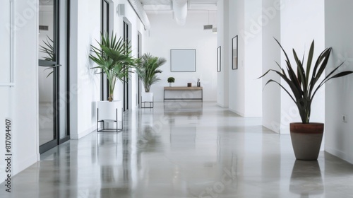 Interior of a minimalist-style hallway with white walls, polished concrete floors, and minimal decor.