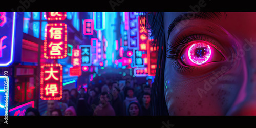 A netrunner blends seamlessly into the crowd, their eyes darting between neon signs and information overload.  photo