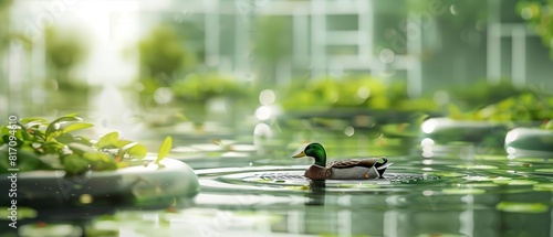 Close up of a duck paddling in a synthetic pond that recycles water autonomously, surrounded by floating habitat pods in a blurred, ecofriendly urban park, sharpen with copy space photo