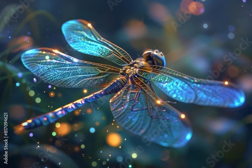 Close up of a dragonfly with iridescent wings that shimmer with bioluminescent lights