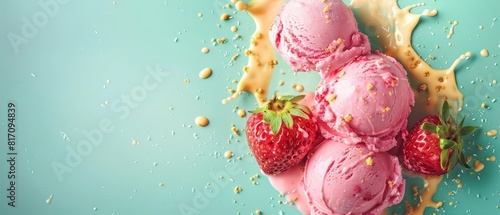 Advertisement template with strawberry ice cream and pastel yellow splashes on a mint green background, providing ample copy text space