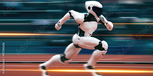 Metallic Sprinter: White Robot with Helmet Striding in Olympic Race © Andrii 