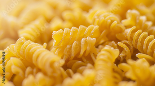  Close-up of uncooked pasta. Macro shot of yellow spiral pasta, highlighting the texture and details of the raw ingredient, perfect for cooking inspiration. photo