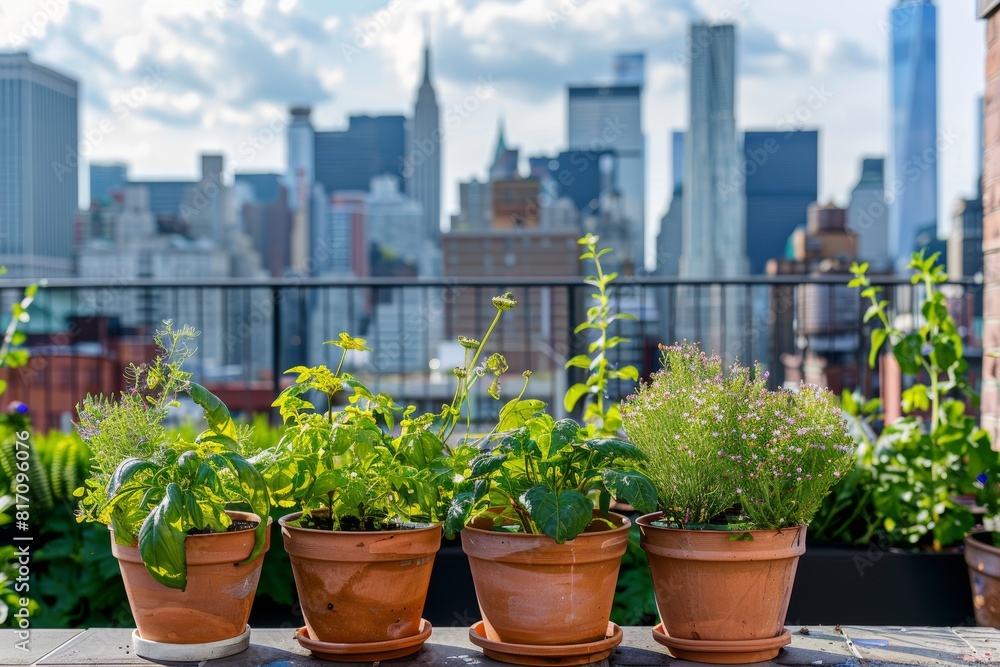 Urban Rooftop Garden with Biodegradable Planters and City Skyline Urban Rooftop Garden with Biodegradable Planters and City Skyline