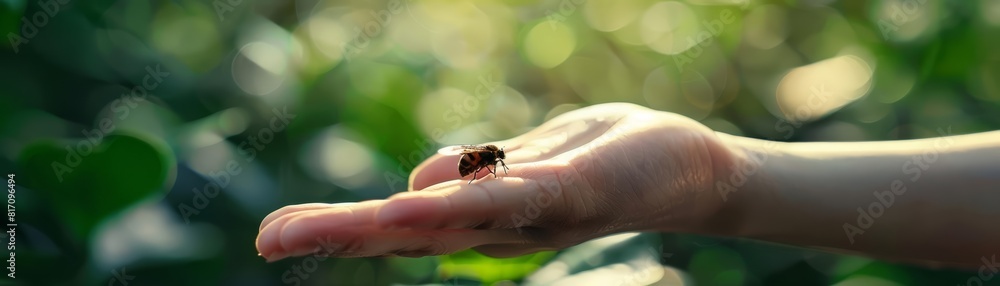 Close up of a hand guiding an insect to safety outside, its tiny form contrasted against a blurred, green leafy canvas, sharpen with copy space Close up of a hand guiding an insect to safety outside, its tiny form contrasted against a blurred, green leafy canvas, sharpen with copy space