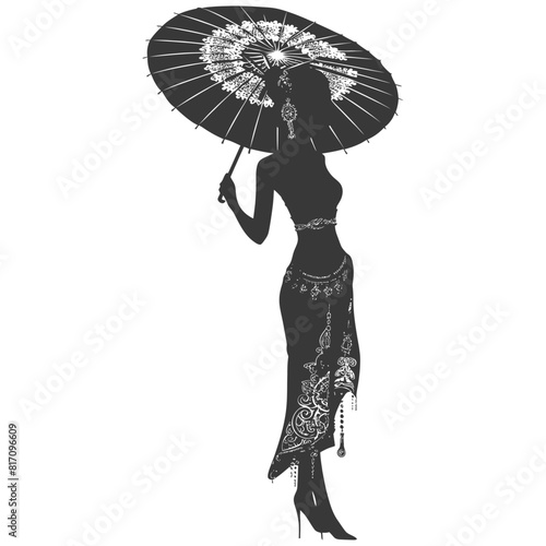 silhouette independent thai women wearing chut thai with umbrella black color only