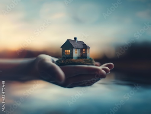 Close up of a hand holding a small model of a house, the tiny windows reflecting a blurred, dreamy suburban landscape, sparking visions of home, sharpen with copy space