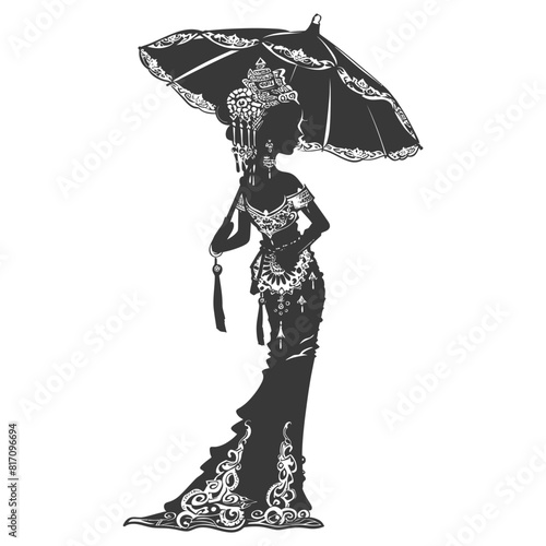 silhouette independent thai women wearing chut thai with umbrella black color only