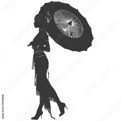 silhouette independent thai women wearing chut thai with umbrella black color only