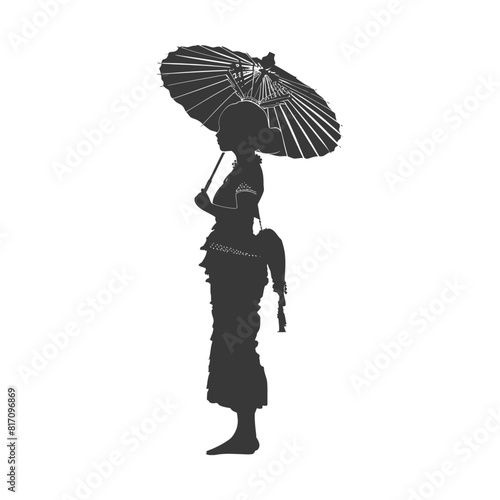 silhouette independent thai women wearing chut thai with umbrella black color only