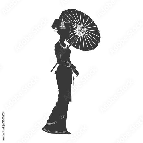 silhouette independent thai women wearing chut thai with umbrella black color only