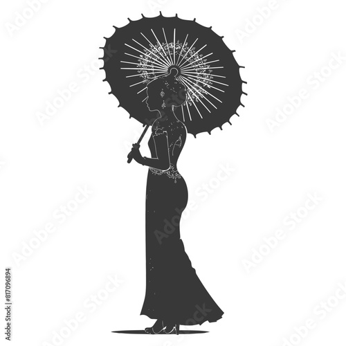 silhouette independent thai women wearing chut thai with umbrella black color only