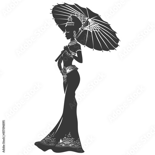 silhouette independent thai women wearing chut thai with umbrella black color only