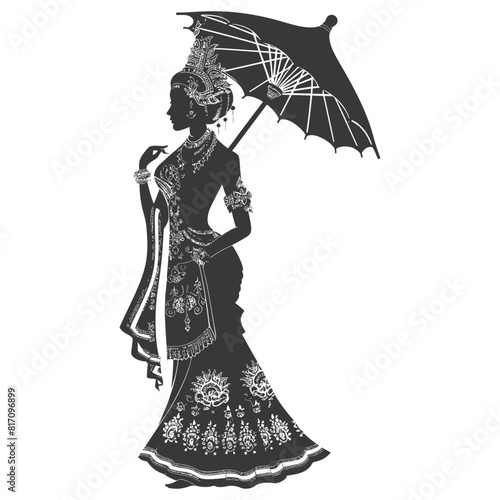 silhouette independent thai women wearing chut thai with umbrella black color only