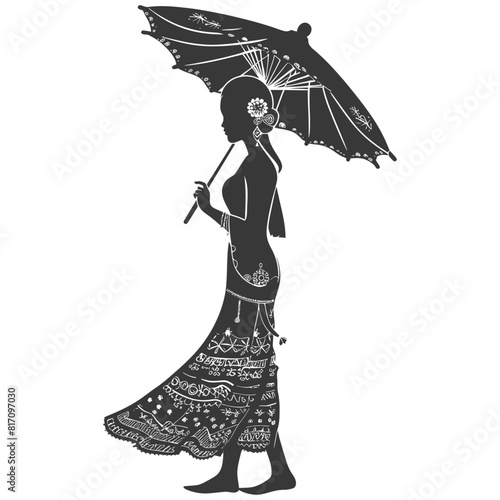 silhouette independent thai women wearing chut thai with umbrella black color only