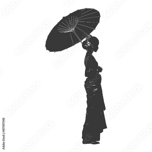 silhouette independent thai women wearing chut thai with umbrella black color only