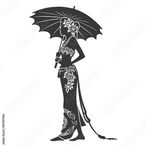 silhouette independent thai women wearing chut thai with umbrella black color only