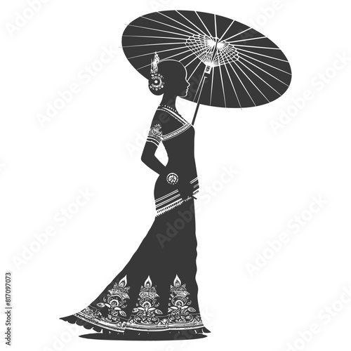 silhouette independent thai women wearing chut thai with umbrella black color only