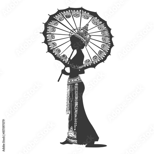 silhouette independent thai women wearing chut thai with umbrella black color only