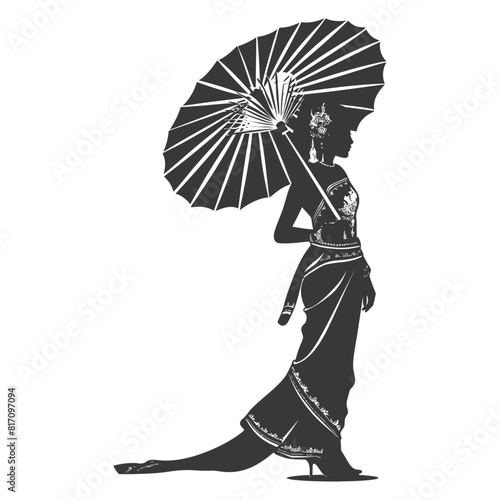 silhouette independent thai women wearing chut thai with umbrella black color only