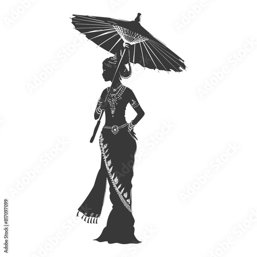 silhouette independent thai women wearing chut thai with umbrella black color only