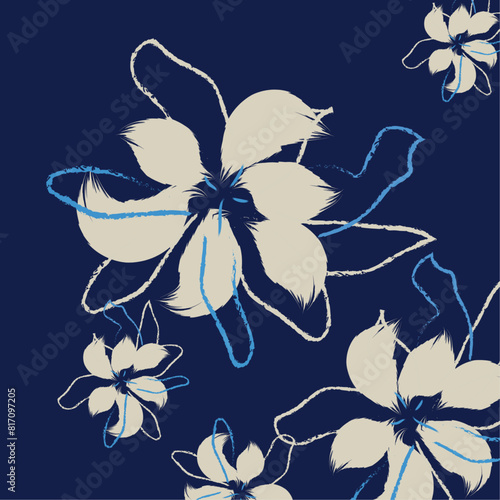 Traditional of fablic floral textile tropical bicolor flower and leaves miniprint flowers geometric pattern design and  seamless hand drawing pattern