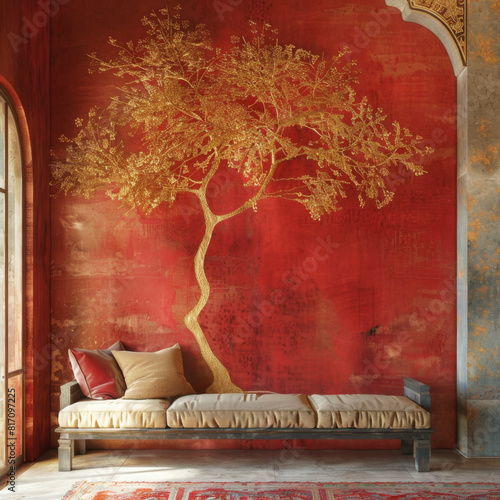 red wall paint with golden tree and safa photo