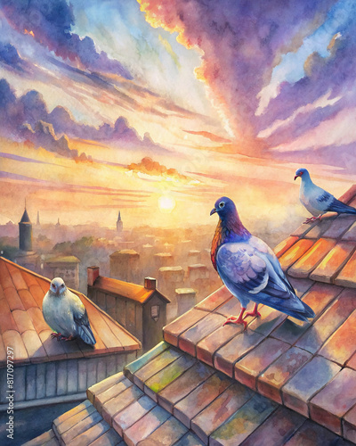 A tranquil scene of homing pigeons resting on a rooftop loft, bathed in the warm glow of the setting sun, after a day of racing 