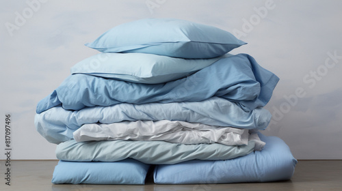 Blue bed linen stacked on top of each other photo