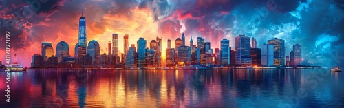 A city skyline is reflected in the water