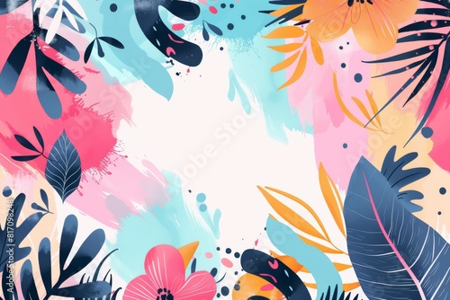 Colorful and Dynamic Tropical Floral Illustration Featuring Bold Splashes of Pink and Blue.