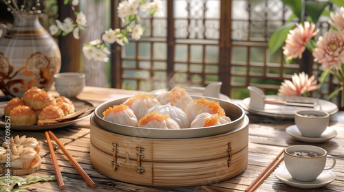 An elegant display of dim sum in a bamboo steamer