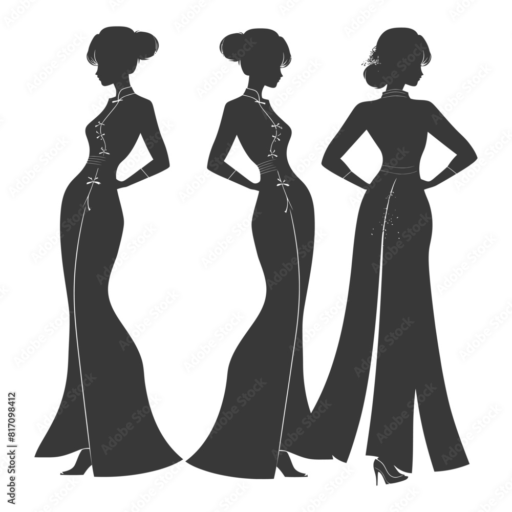 silhouette independent vietnamese women wearing ao dai black color only silhouette independent vietnamese women wearing ao dai black color only
