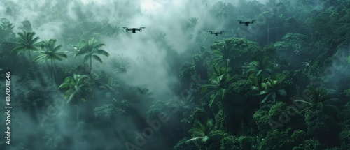 Close up of a rainforest canopy with drones flying overhead