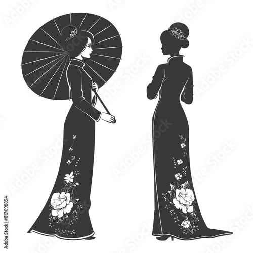 silhouette independent vietnamese women wearing ao dai with umbrella black color only