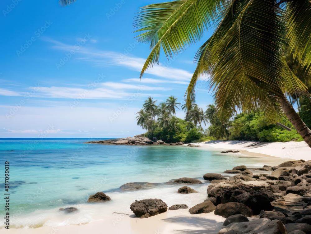 serene tropical beach with palm trees and crystal clear waters
