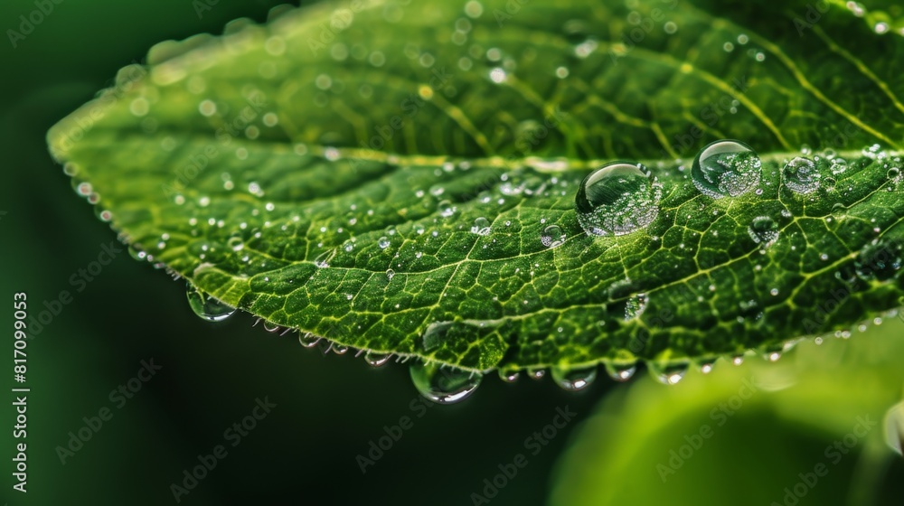 Macro view of water droplets clinging to the serrated edges of a green leaf, resembling a miniature crystal forest. Macro view of water droplets clinging to the serrated edges of a green leaf, resembling a miniature crystal forest.