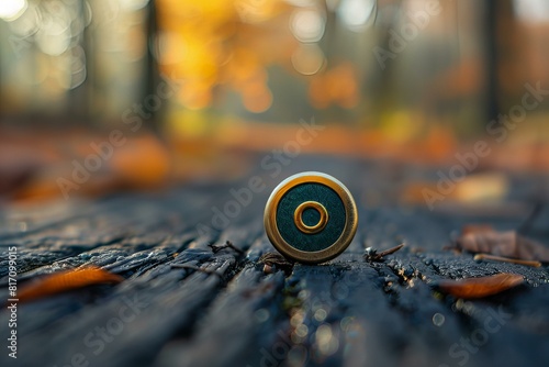 A small button on a wooden surface in the woods