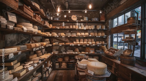 Rustic Artisan Cheese Shop Interior with Wooden Shelves and Soft Lighting