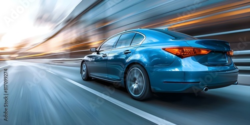 Blue business car seen from behind speeding on highway in a turn. Concept Automotive Photography, Speeding Car, Highway Scene, Business Travel, Transportation Theme