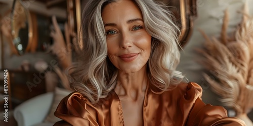 Elegant Mature Woman Joyfully Taking a Selfie at Home. Concept Home Photoshoot, Self-portrait, Joyful Expression, Elegant Style, Mature Beauty © Anastasiia